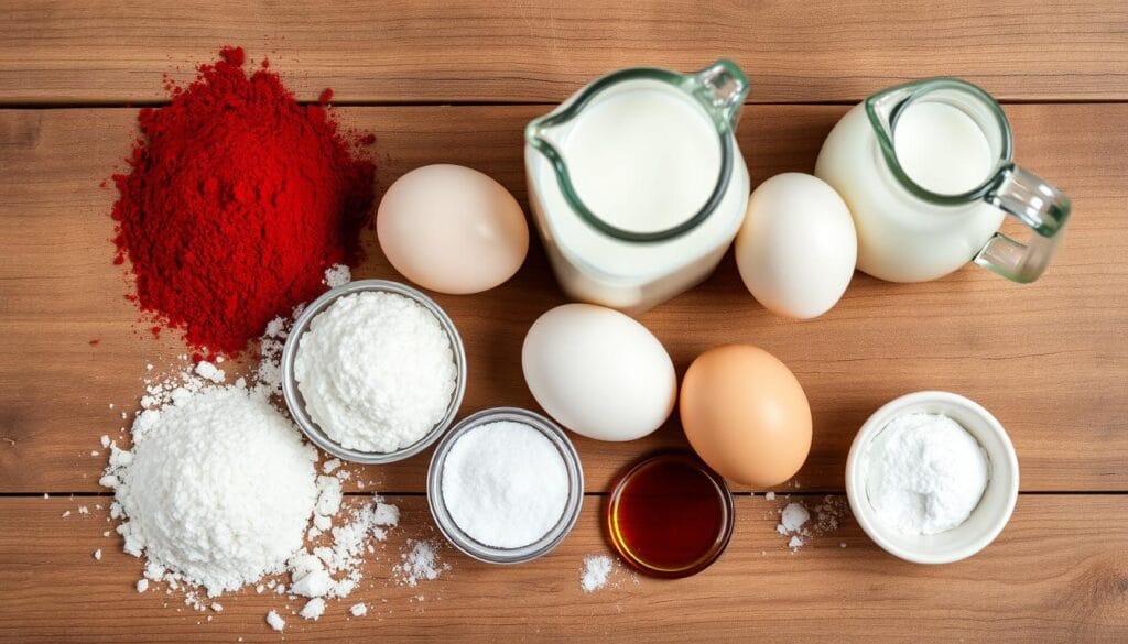 Red Velvet Cake Ingredients Flat Lay Red Velvet Cake Ingredients Flat Lay
